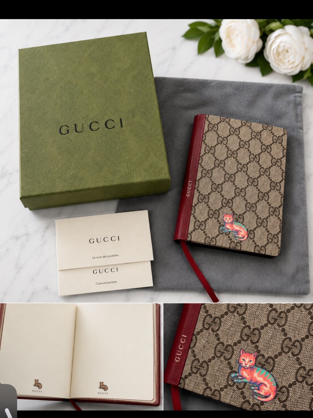 Gucci GG Supreme Notebook with Red Trim and Multicolor Cat